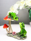 Love Affair Green Pond Frogs Couple in Courtship by Toadstool Mushrooms Figurine