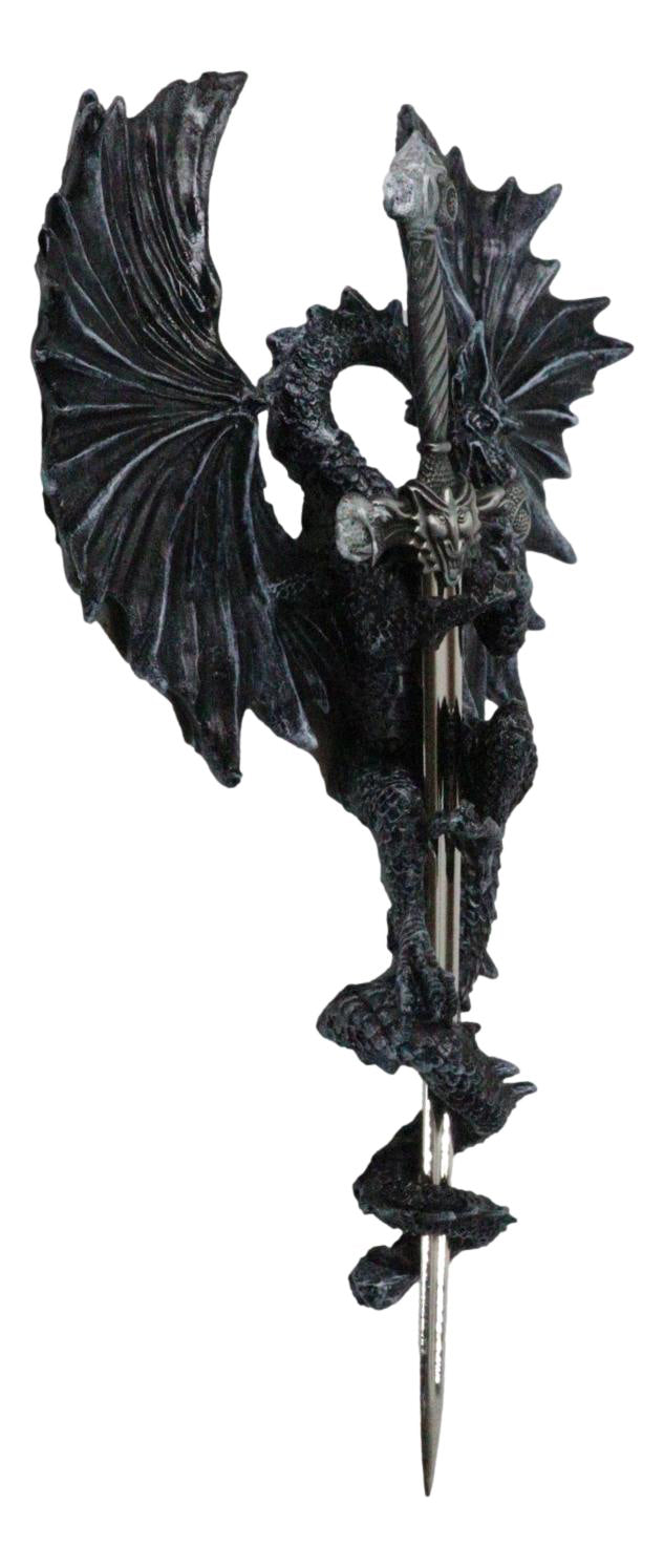 Gothic Black Winged Dragon Wall Plaque with Removable Medieval Sword – 12-Inch