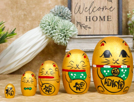 Ebros Golden Maneki Neko Wooden Toy Stacking Nesting Dolls 5 Piece Matryoshka - Ebros Gift