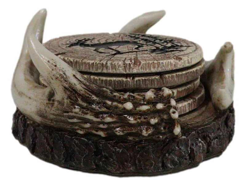 Rustic Western Forest Deer Antlers With Tree Rings Coasters And Holder Set