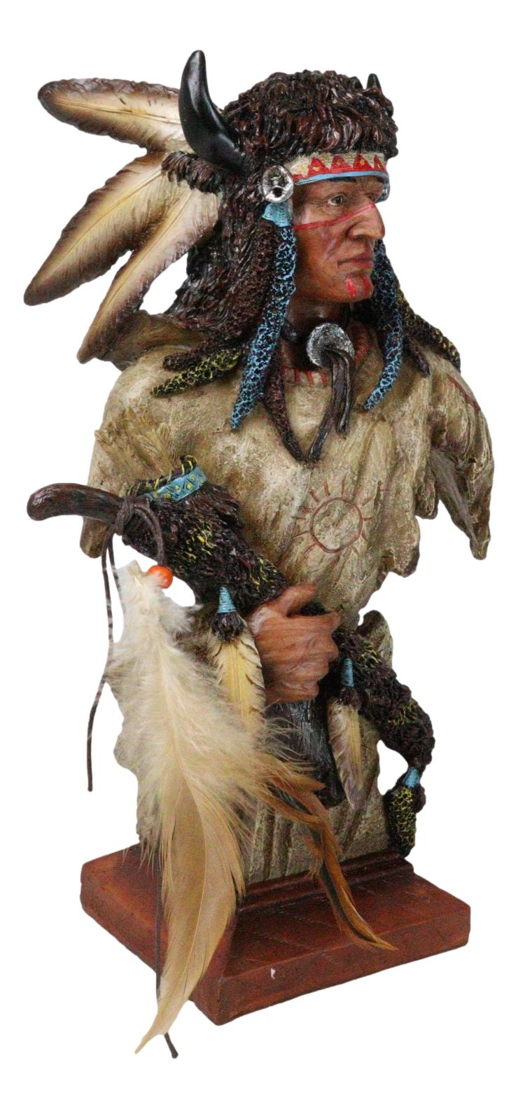Native Indian Chief Warrior Hunter With Buffalo Horns And Feathers Bust Figurine