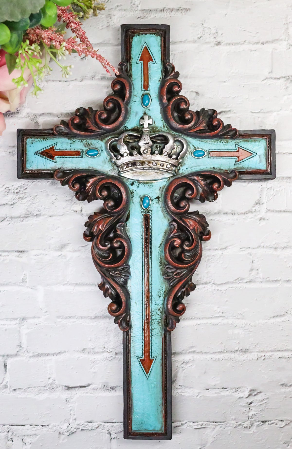 Rustic Faux Wood Turquoise Floral Scrollwork Arrows And King's Crown Wall Cross