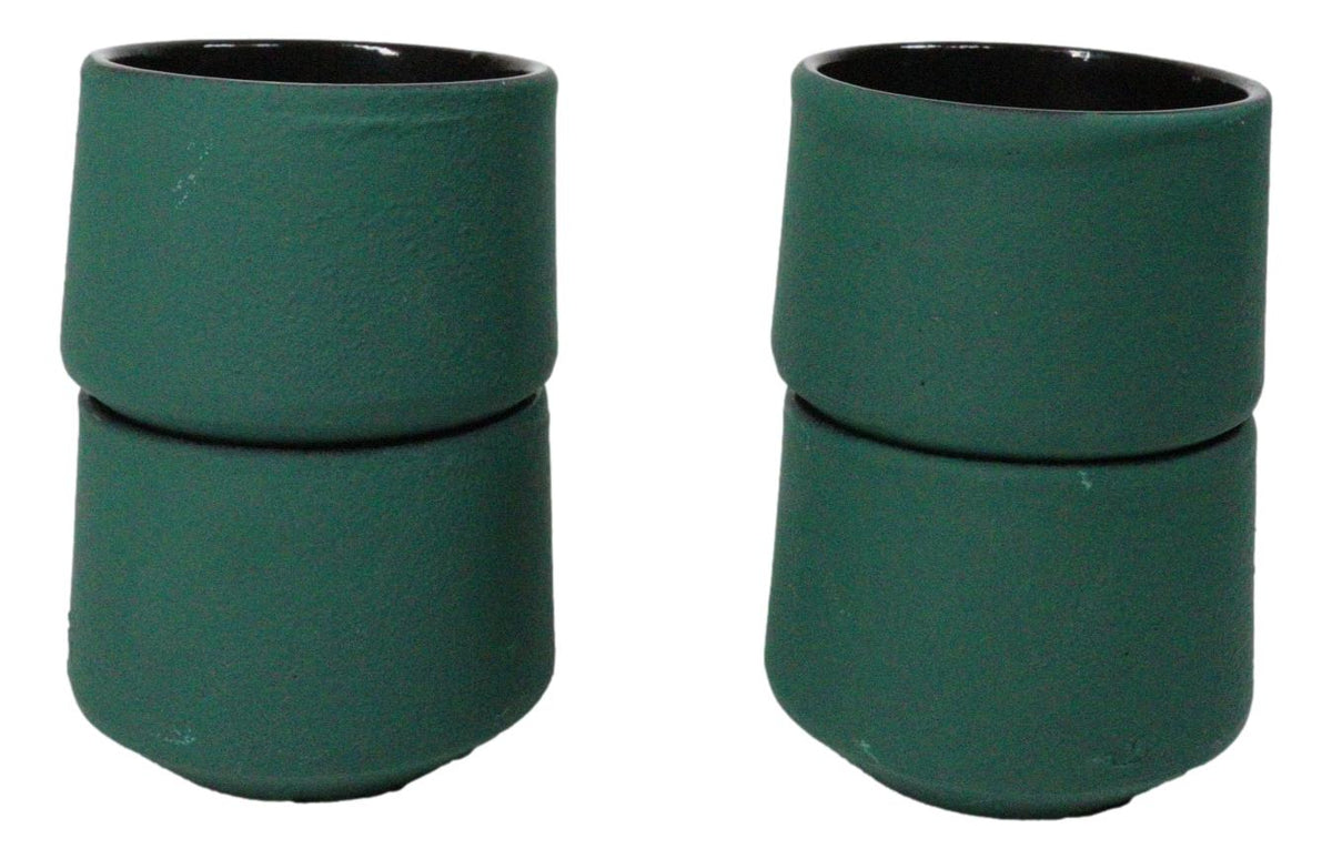 Green Modern Cylindrical Japanese Tetsubin Style Cast Iron Tea Cups Set of 4