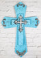 Rustic Western Turquoise Silver Scrollwork Faux Wood Layered Wall Cross Crucifix
