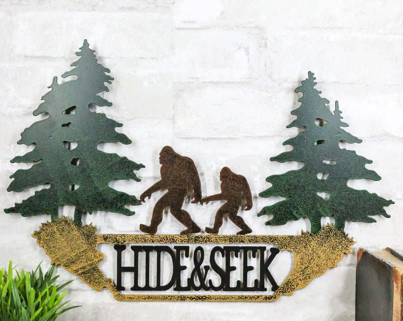 Rustic Sasquatch Big Foot by Pine Trees Hide & Seek Metal Wall Decor Plaque