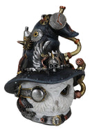 Geared Clockwork Pipes Valves Steampunk Owl With Winged Skull Witch Hat Figurine