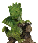 Fantasy Green Wyrmling Baby Dragon Riding A Wooden Log Cavebike Bicycle Figurine