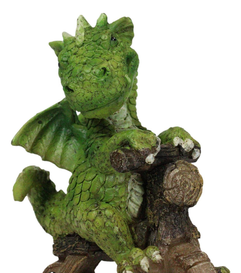 Fantasy Green Wyrmling Baby Dragon Riding A Wooden Log Cavebike Bicycle Figurine