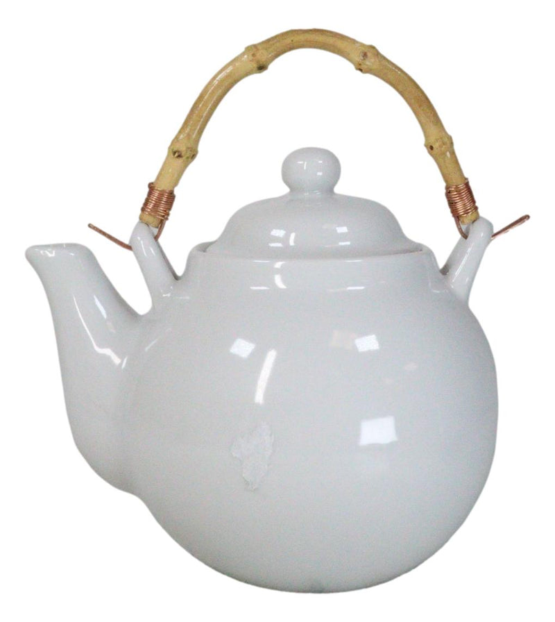 Sleek White 35oz Bone China Ceramic Tea Pot Teapot With Bamboo Handle Collection