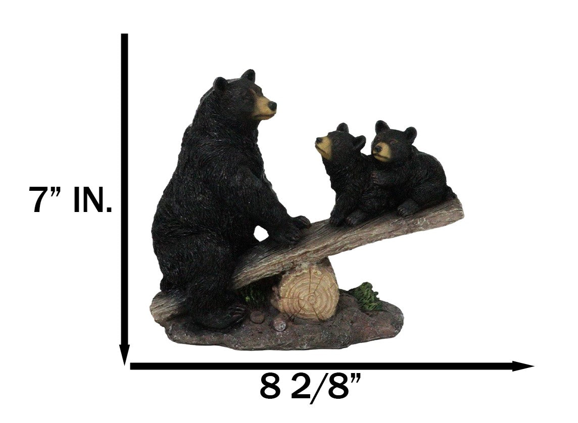 Rustic Forest Black Bear Mother and 2 Cubs Sitting On Tree Logs Seesaw Figurine