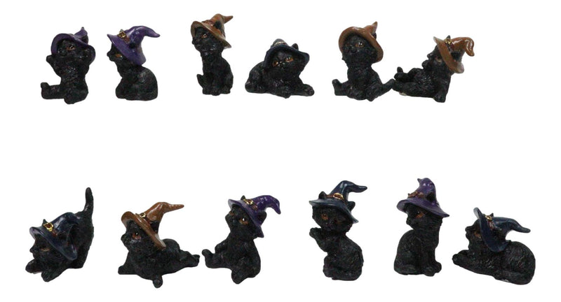 Set of 12 Halloween Black Cats With Witch Hats Mini Figurines In Multi Poses