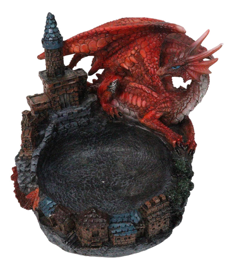 Medieval Red Dragon On Castle Tower Decorative Ashtray Or Key Coin Dish Figurine
