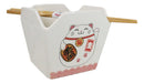 Maneki Neko Lucky Cat Asian Takeout To Go Box Serving Bowl With Chopsticks Set