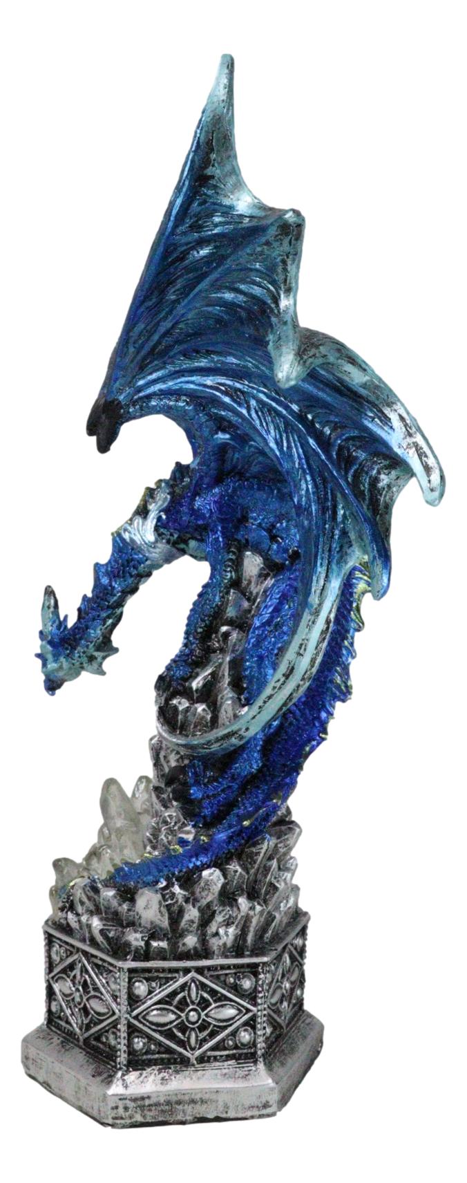 Armored Blue Guardian Water Elemental Dragon On LED Crystals Pedestal Figurine