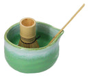 Green And White Emerald Ceramic Japanese Matcha Green Tea Bowl Whisk & Scoop Set