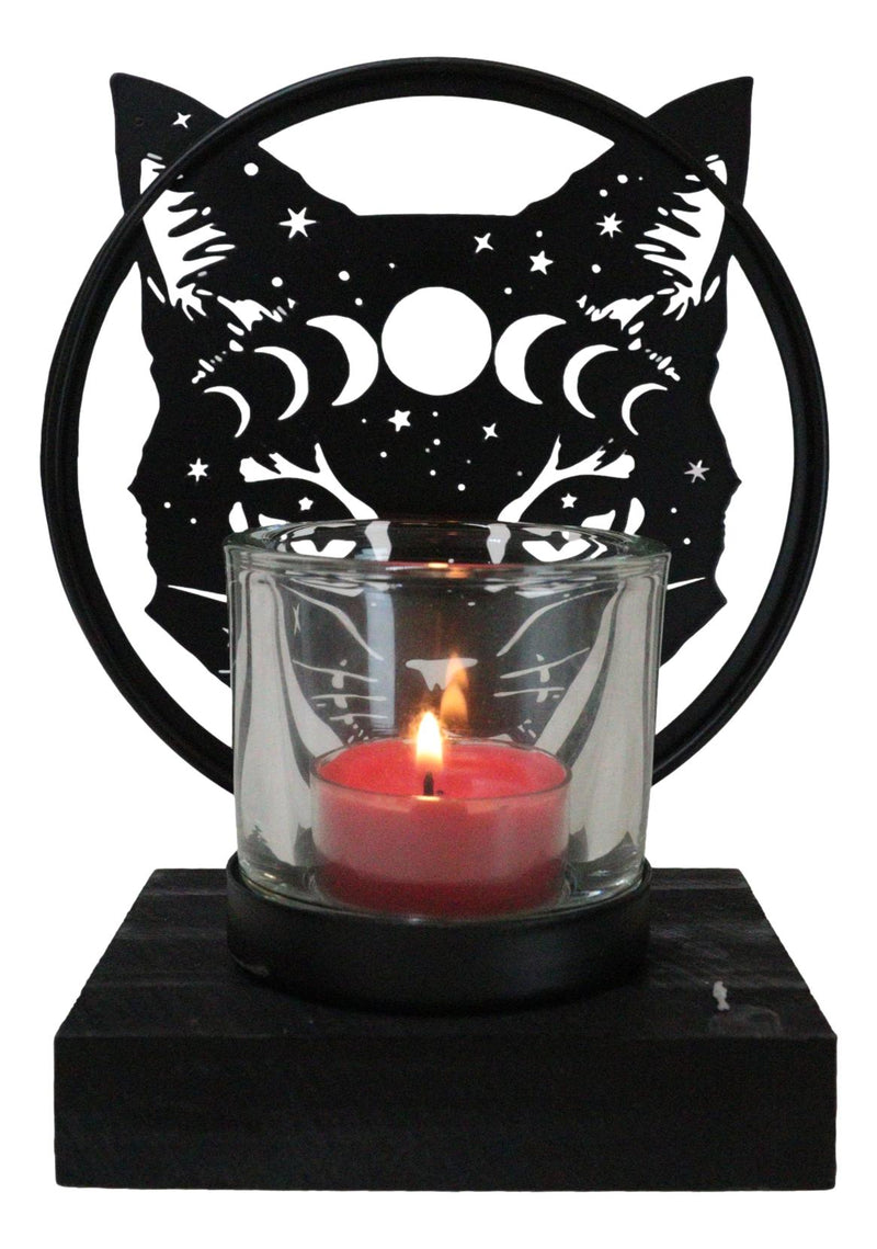 Wicca Phases of The Moon Celestial Black Cat Metal Votive T-Lite Candle Holder