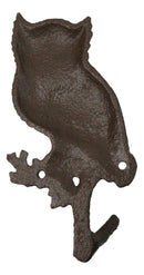 Pack of 2 Cast Iron Rustic Great Horned Owl On Twig Wall Coat Keys Leashes Hooks