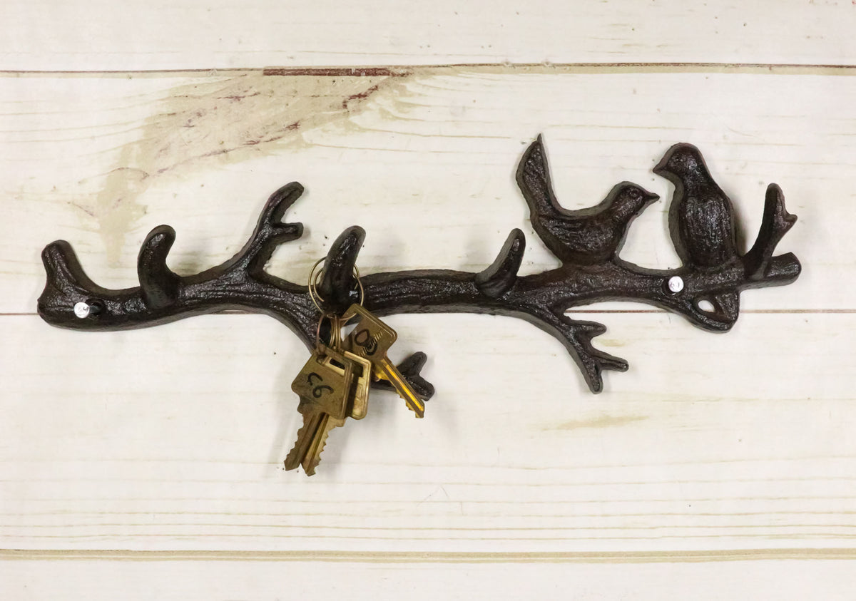 Rustic Cast Iron 2 Lovebirds On Tree Branch Multi Points Wall Hooks 12.5" Long