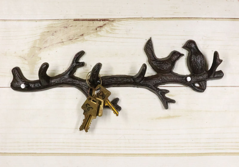 Rustic Cast Iron 2 Lovebirds On Tree Branch Multi Points Wall Hooks 12.5" Long