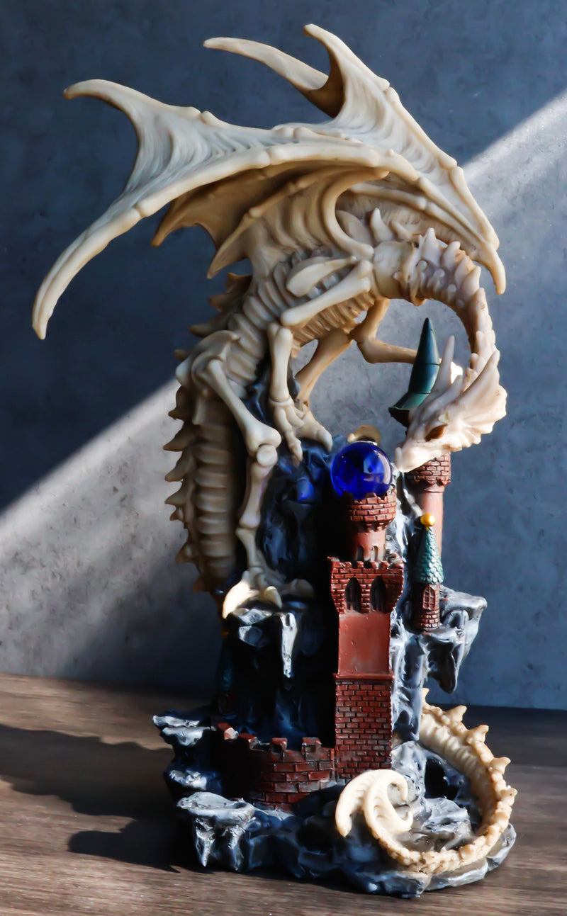 Gothic Skeleton Bone Dragon Perching On Rocky Mountain Castle Tower Figurine