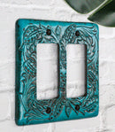 Set of 2 Western Tooled Floral Turquoise Wall Double Gang Rocker Switch Plates