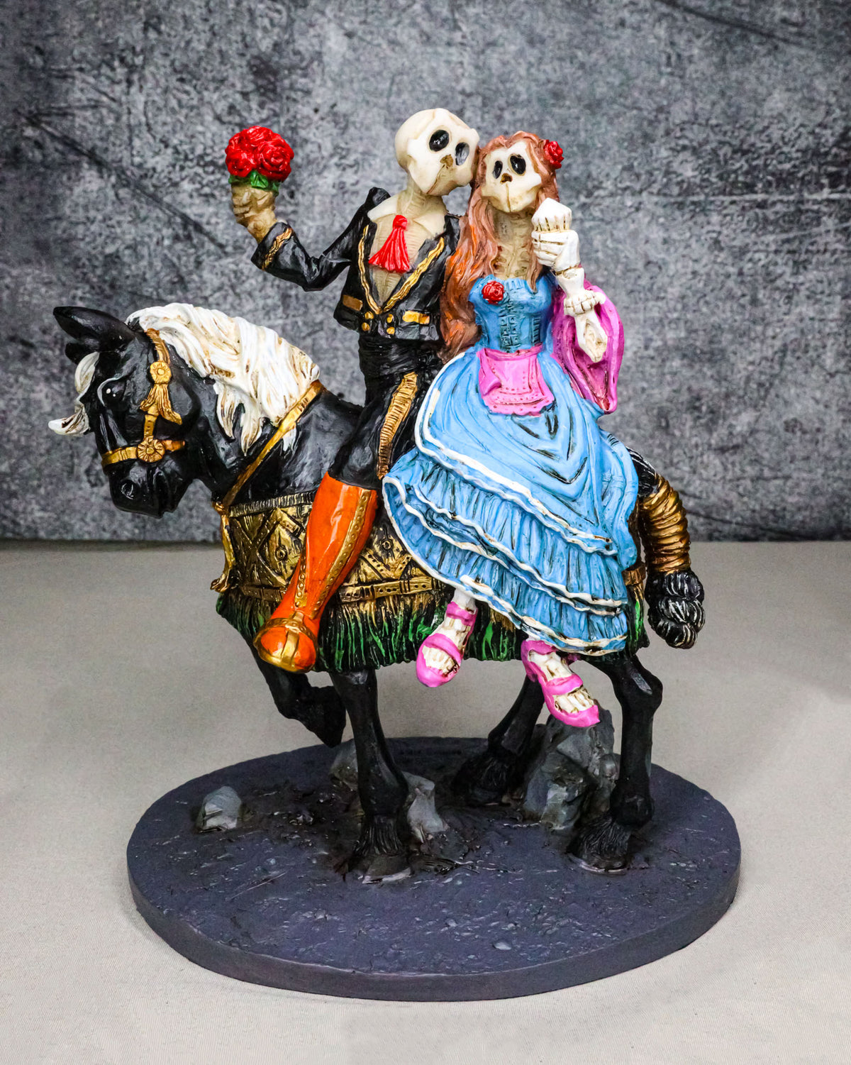 Day Of The Dead Our Special Day Skeleton Mariachi Couple On Black Horse Figurine