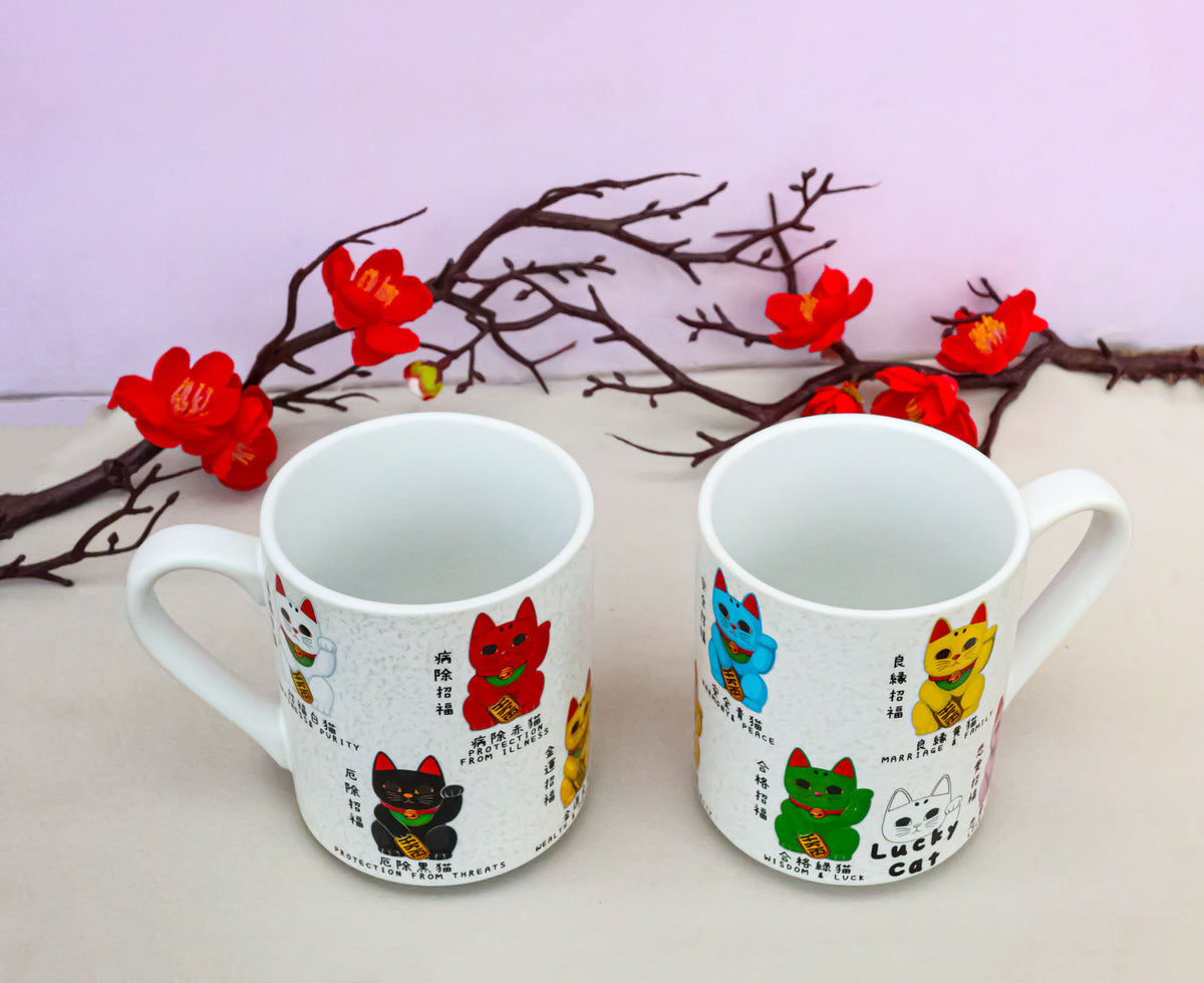 Set Of 2 Colorful Maneki Neko Lucky Fortune Cats Textured Mug Cups 11oz