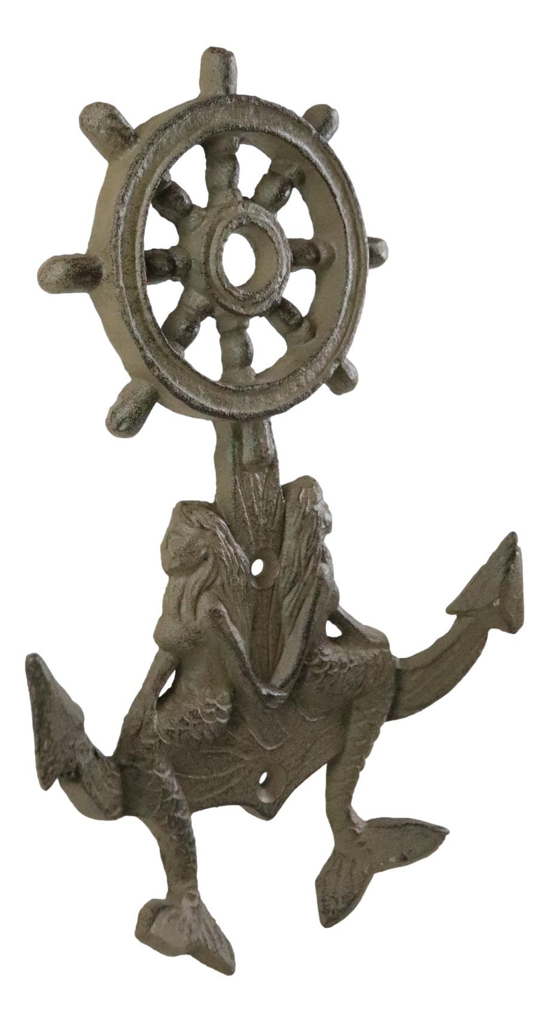 Cast Iron Rustic Nautical Mermaids On Ship Anchor And Helm Double Wall Hooks