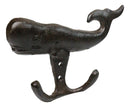 Set Of 2 Cast Iron Rustic Nautical Marine Sea Sperm Whale Double Wall Coat Hooks