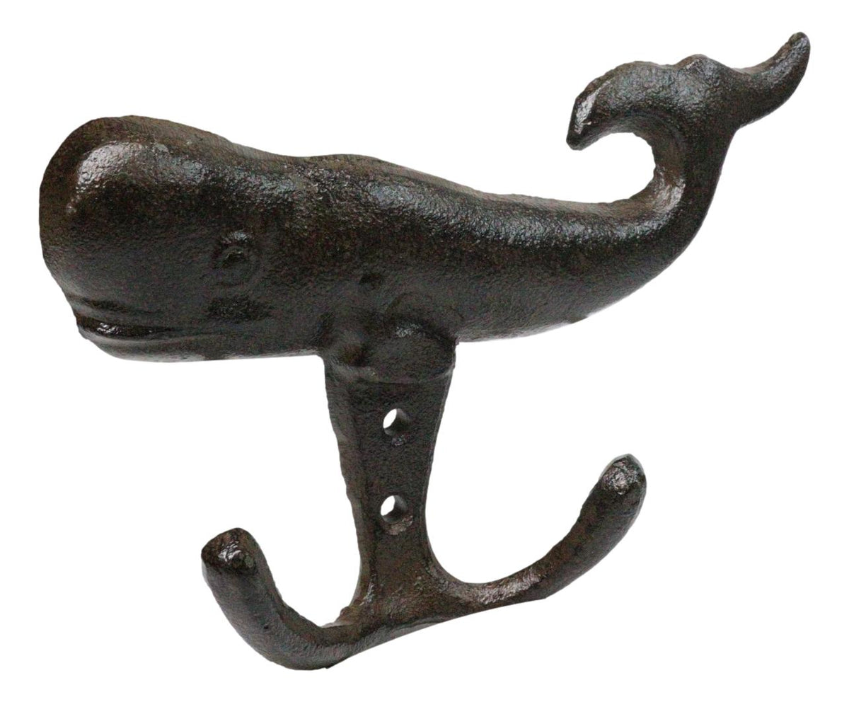 Set Of 4 Cast Iron Rustic Nautical Marine Sea Sperm Whale Double Wall Coat Hooks