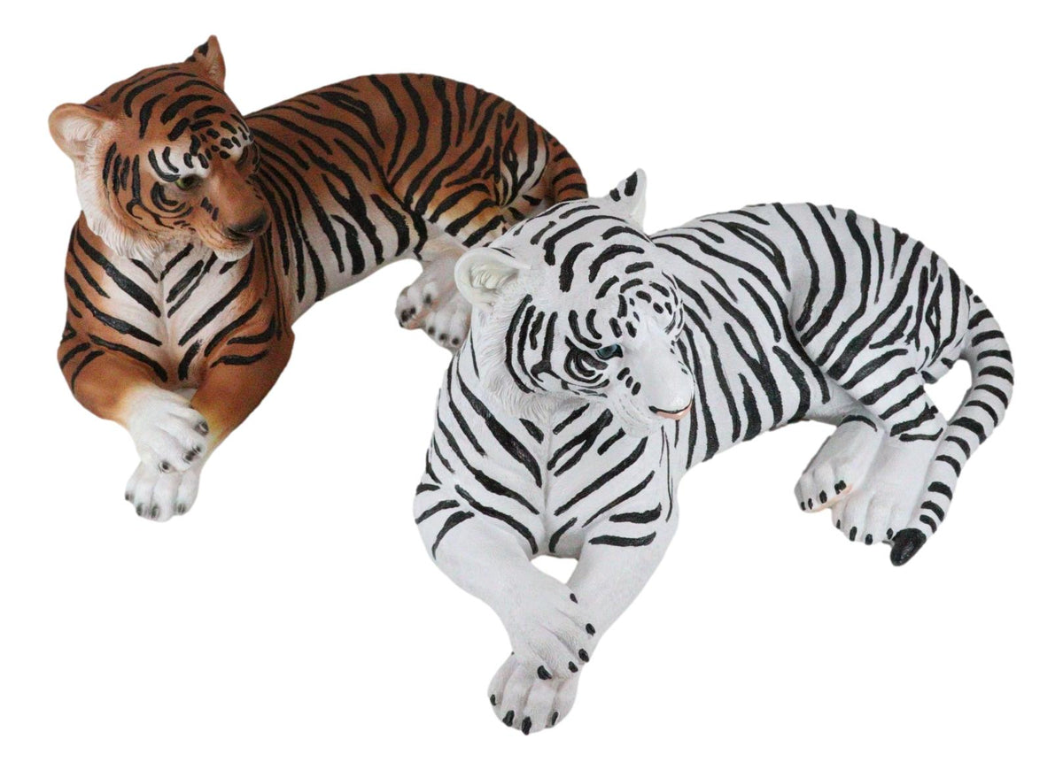 Pair Of Large Siberian And Bengal Tiger Resting 15.5"L Statue Home Garden Decor