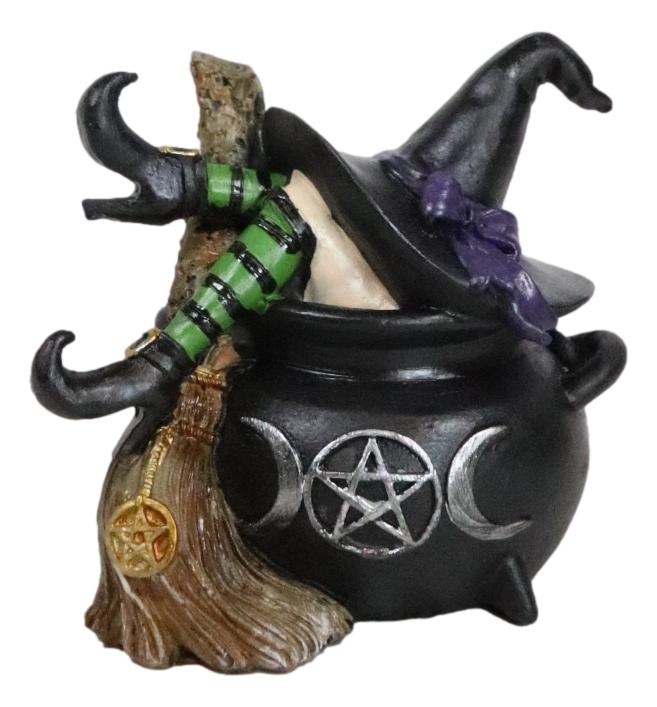 Sleeping Witch with Hat and Broomstick in Triple Moon Fire Cauldron Figurine