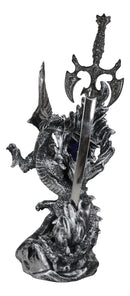 Fantasy Gothic Fiery Azure Dragon With Orb And Rune Sword Letter Opener Figurine