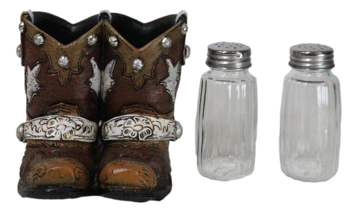 Rustic Western Silver Conchos Cowboy Boots With Spur Salt Pepper Shakers Holder
