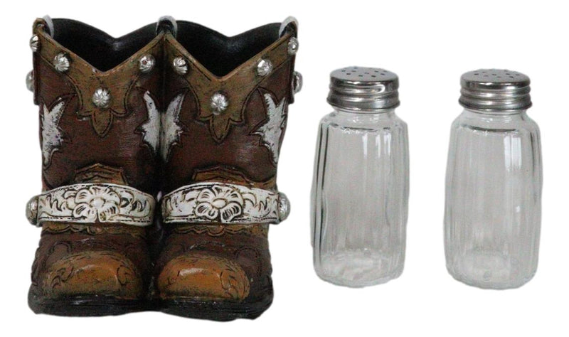 Rustic Western Silver Conchos Cowboy Boots With Spur Salt Pepper Shakers Holder