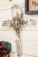 Rustic Vintage Faux Distressed Wood Spoon And Fork Tooled Flowers Wall Cross