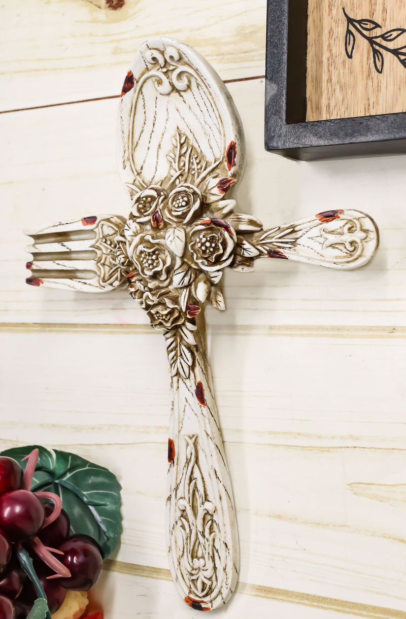 Rustic Vintage Faux Distressed Wood Spoon And Fork Tooled Flowers Wall Cross