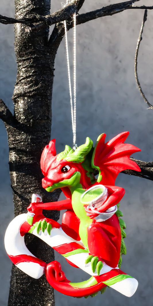 Ruth Thompson Red Green Dragon With Candy Cane Christmas Tree Hanging Ornament