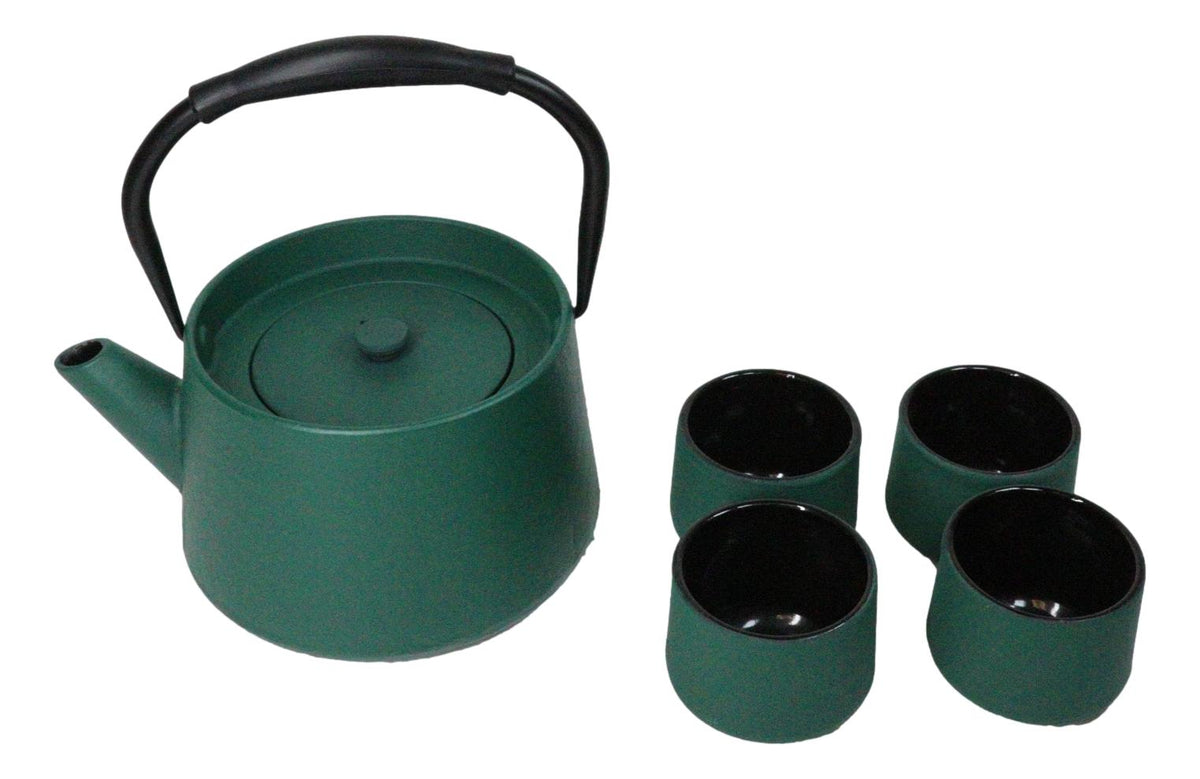 Green Modern Straight Edge Tetsubin Cast Iron Teapot 33oz And 4 Tea Cups Set