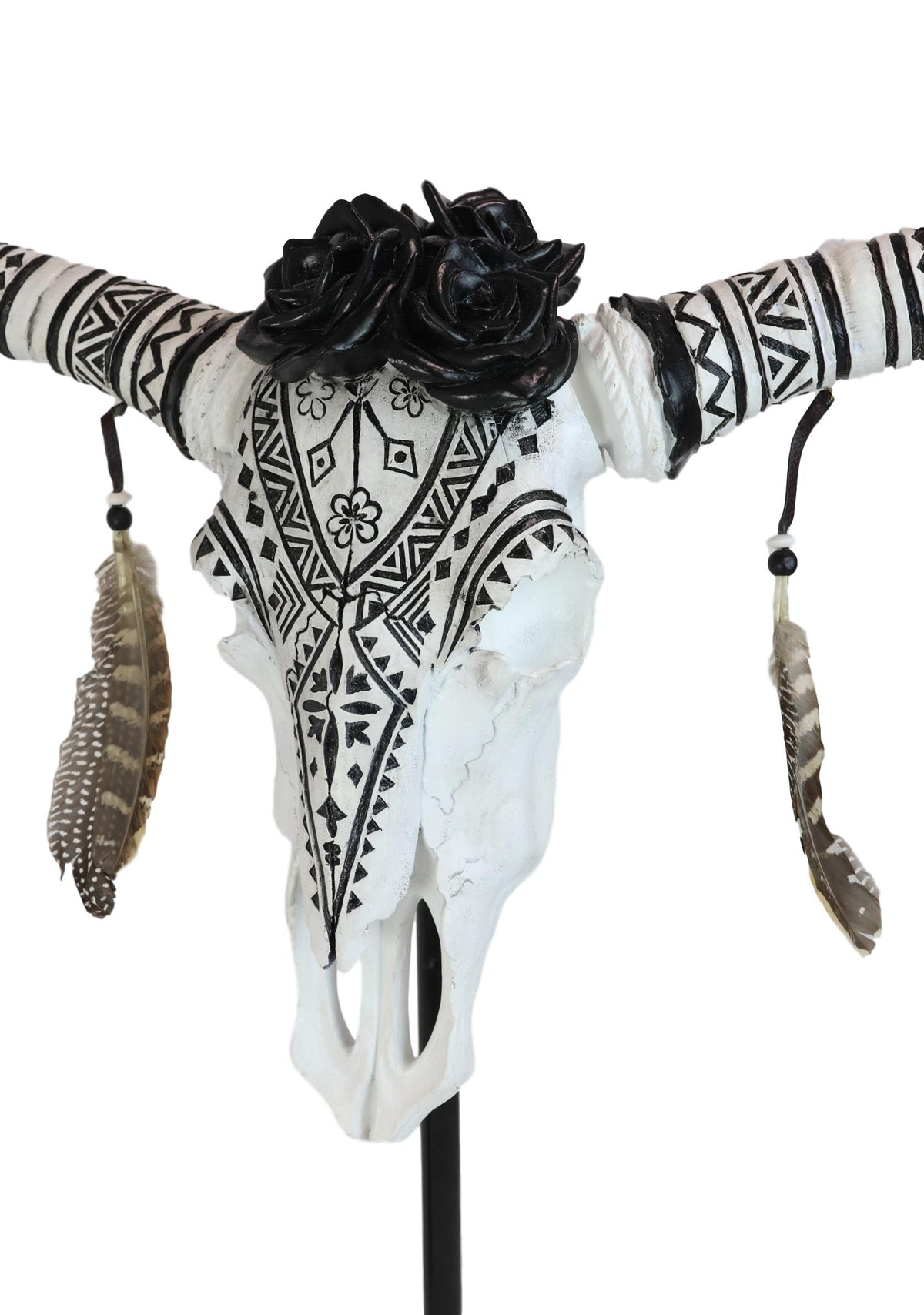 Large Rustic Western Tribal Black Roses Longhorn Cow Skull Desktop Plaque 32"H