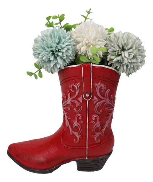 Rustic Western Floral Red Faux Leather Cowgirl Boot Vase Planter Figurine