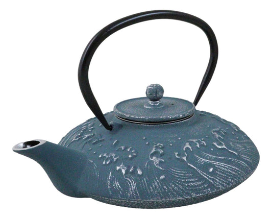 Royal Blue Ocean Sea Waves Cast Iron Tetsubin Teapot With Enamel Liner