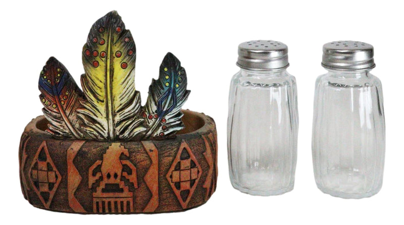 Southwestern Native American Indian Eagle Feathers Glass Salt Pepper Shakers Set