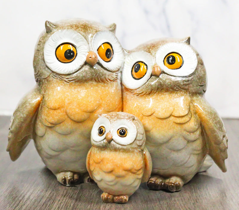 Forest Whimsical Mother Father Owls And Baby Owlet Family Trio Figurine