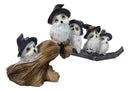 Halloween 5 Snow Owls and Owlets with Witch Hats Perching On Broomstick Figurine