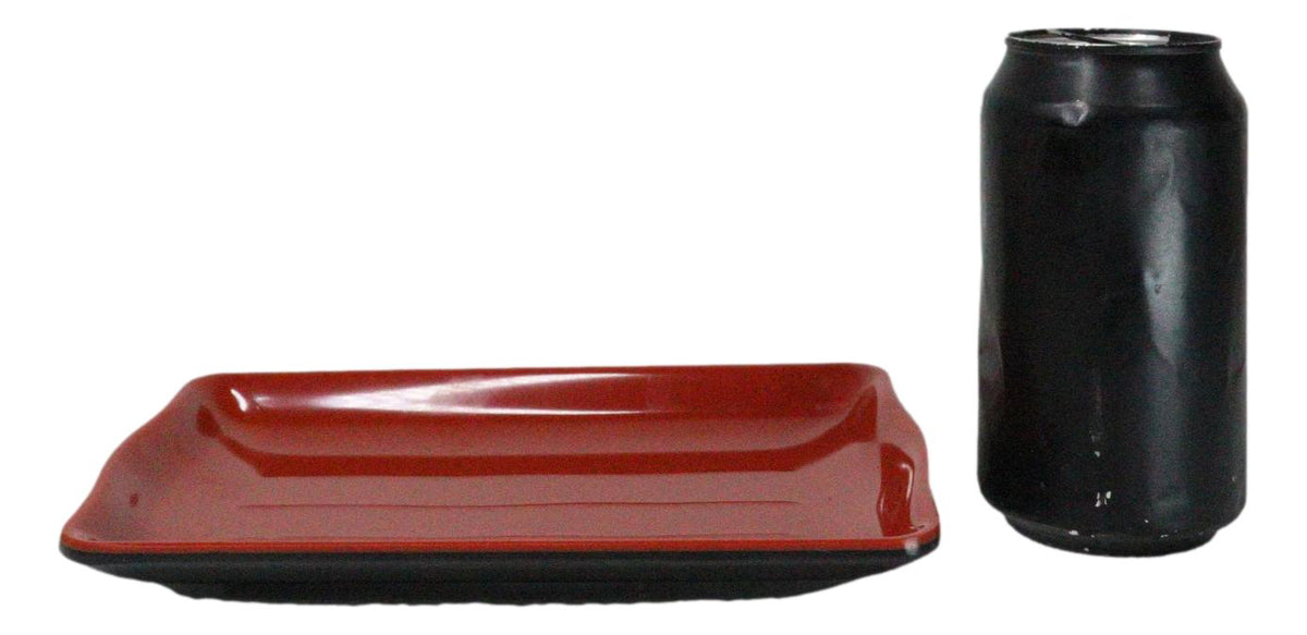 Set Of 6 Traditional Red And Black Melamine Rectangular Wavy Sushi Plates 8"L
