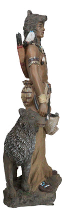 Native Tribal Indian Warrior Holding Bow And Arrow With Alpha Gray Wolf Figurine