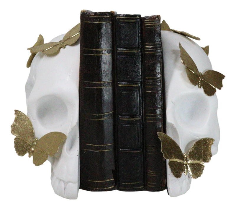 Metamorphosis Golden Butterflies On White Skull Halves Figurine Bookends Set