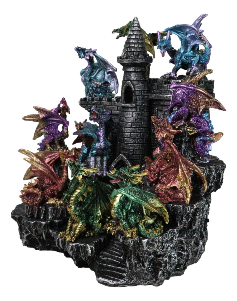 Medieval Colorful 12 Mini Dragons On Mountain Stonewall Castle Display Stand Set