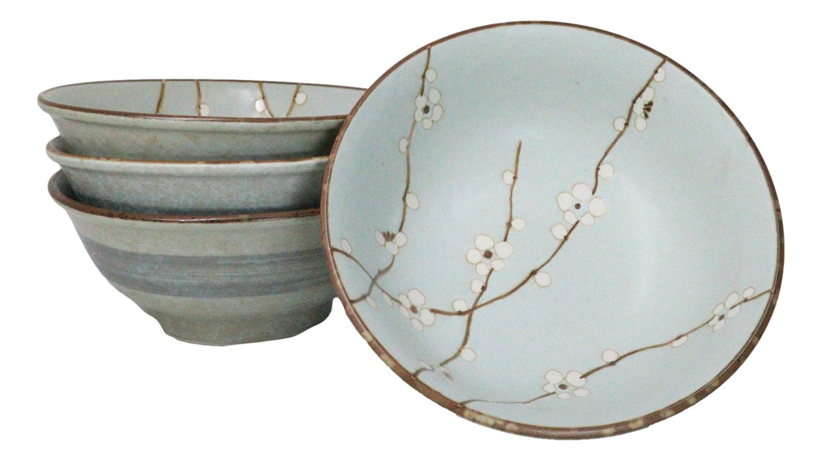 Set Of 4 Japan Made Sakura Cherry Blossoms Porcelain Ramen Soup Large Bowls 46oz - Ebros Gift